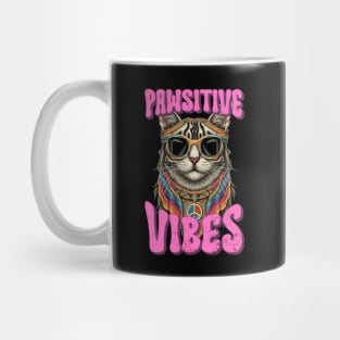 Pawsitive Vibes, Retro Groovy Style Hippie Cat Lover Design Mug